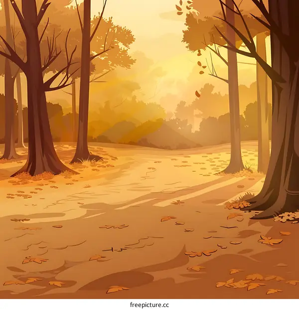 Autumn Forest Path with Sunbeams Illustration