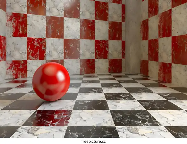 A red ball in a black and white checkered room