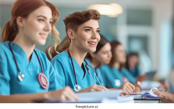A group of diverse medical students sitting in a classroom