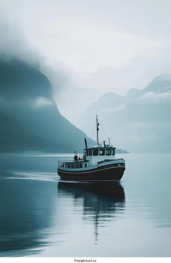 Boat on Calm Water with Mountains in the Background