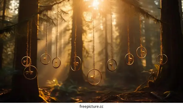 Mystical Golden Rings Hanging in a Magical Forest