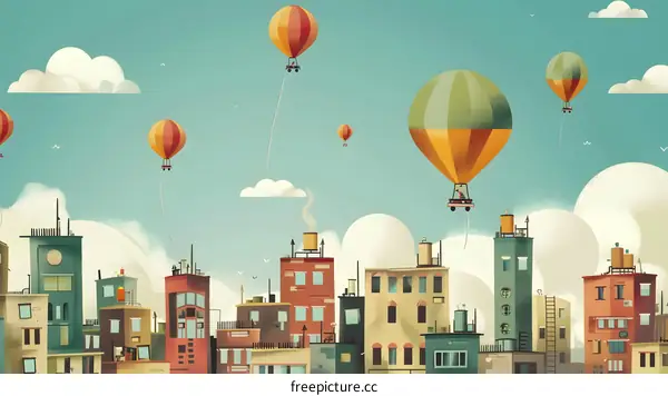 Hot Air Balloons Flying Over Cityscape Illustration