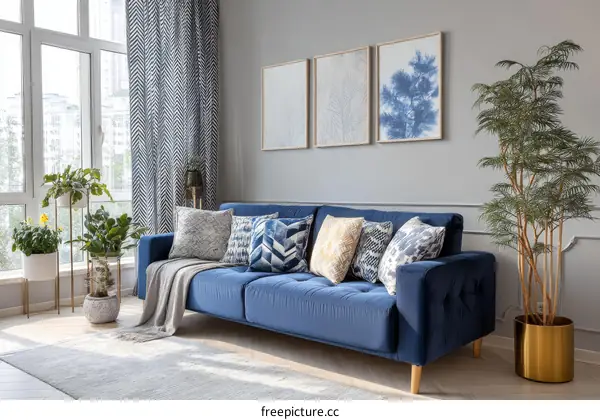 Modern Living Room Interior Design with Blue Sofa
