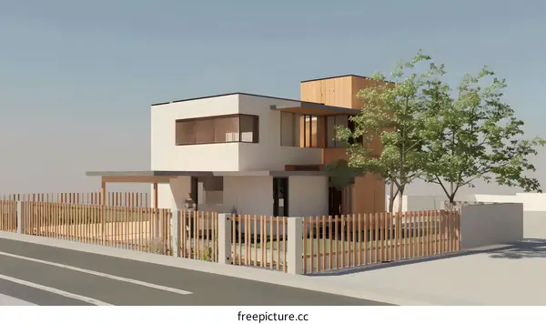 Modern House Design with Wooden Fence and a Single Person in Front of the House