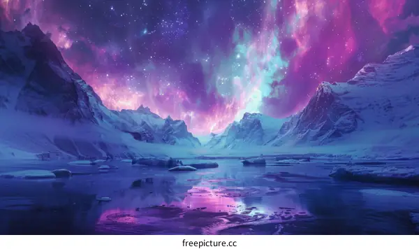Aurora borealis landscape with mountains and icebergs in a frozen lake