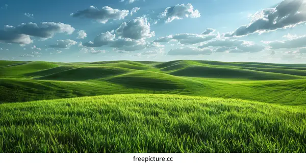 Green rolling hills under blue sky and white clouds