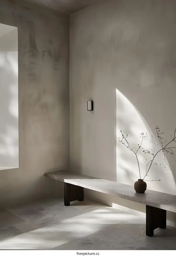 Minimalist Interior Design With Stone Bench And Sunlight