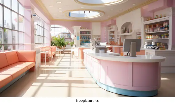 A pink pharmacy with a large curved counter