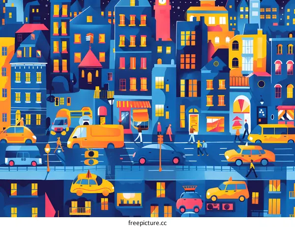 Nighttime Cityscape with People Walking and Cars Driving