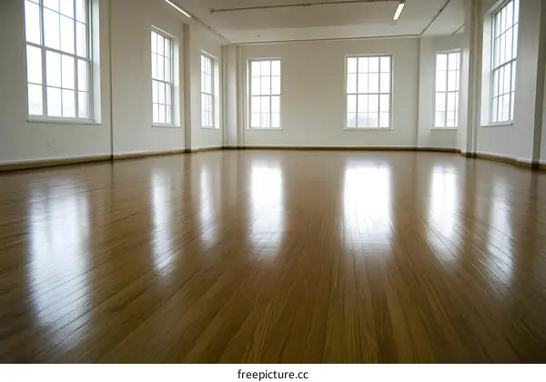 Empty Room With Hardwood Floor And Large Windows