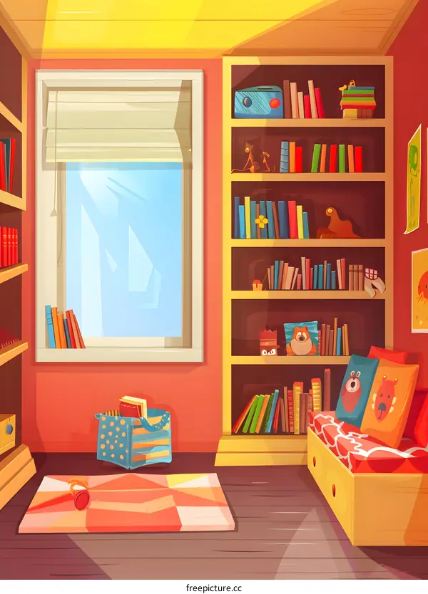 Cartoon Interior Design Of Kids Room With Bookshelf And Window