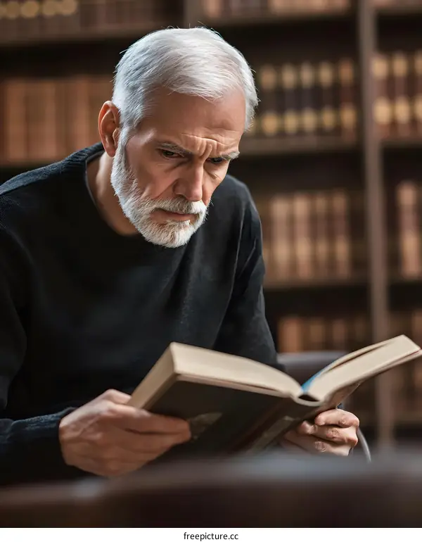 Senior Man Reading Book in Library