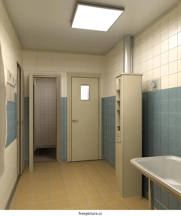 Empty Hospital Room with Tile Walls and a Sink