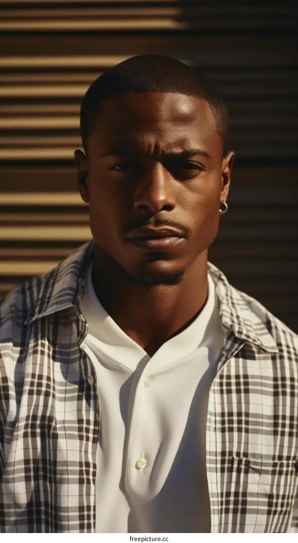A portrait of a young African-American man wearing a plaid shirt and a white T-shirt