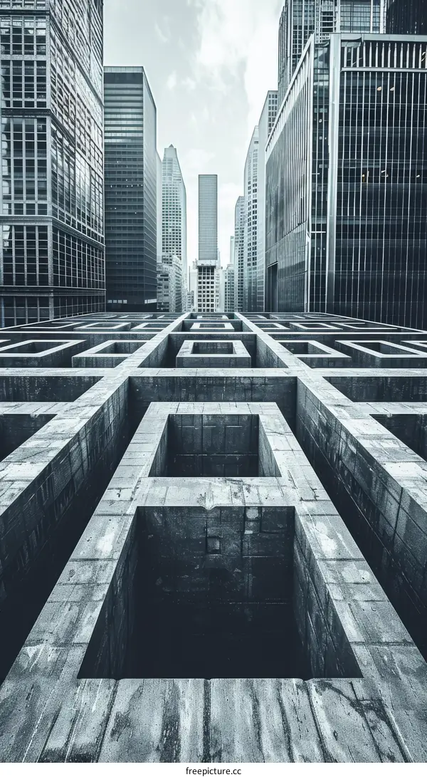 A concrete maze with skyscrapers in the background