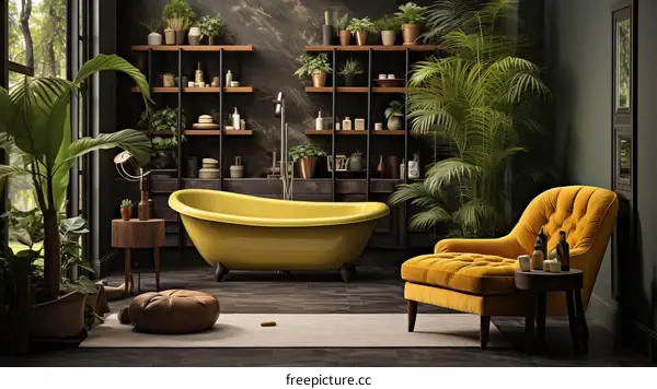 A stylish bathroom with a yellow bathtub and a yellow armchair