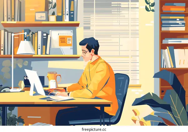 Man Working on Laptop in Home Office