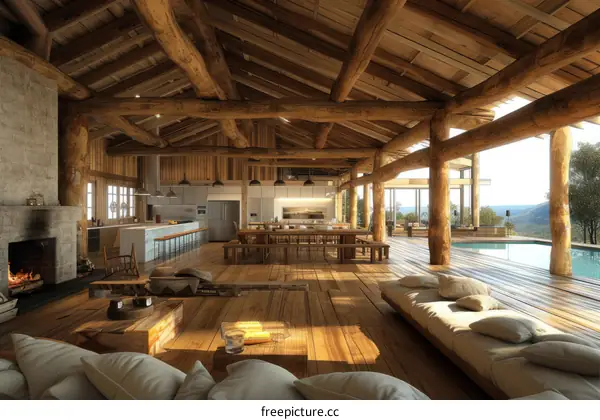 Open floor plan living room with wood beams and large windows