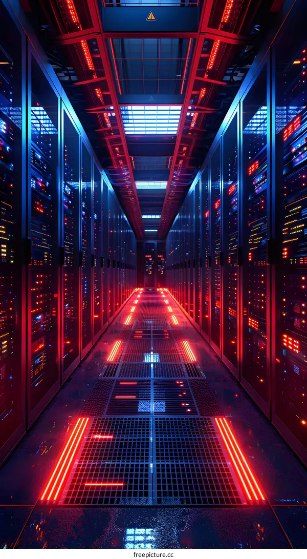 Futuristic Sci-Fi Server Room With Glowing Red And Blue Lights