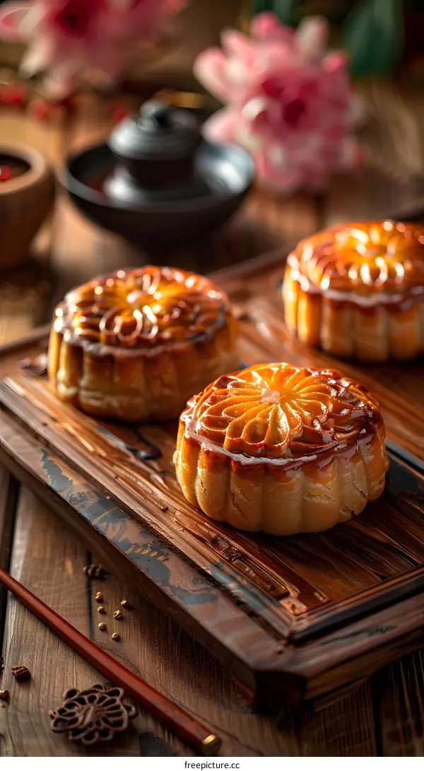 Traditional Chinese Moon Cakes on Wooden Serving Board