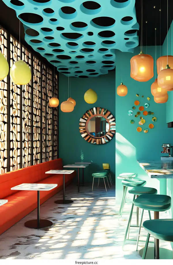 Modern Cafe Interior Design With Colorful Accents and Unique Lighting