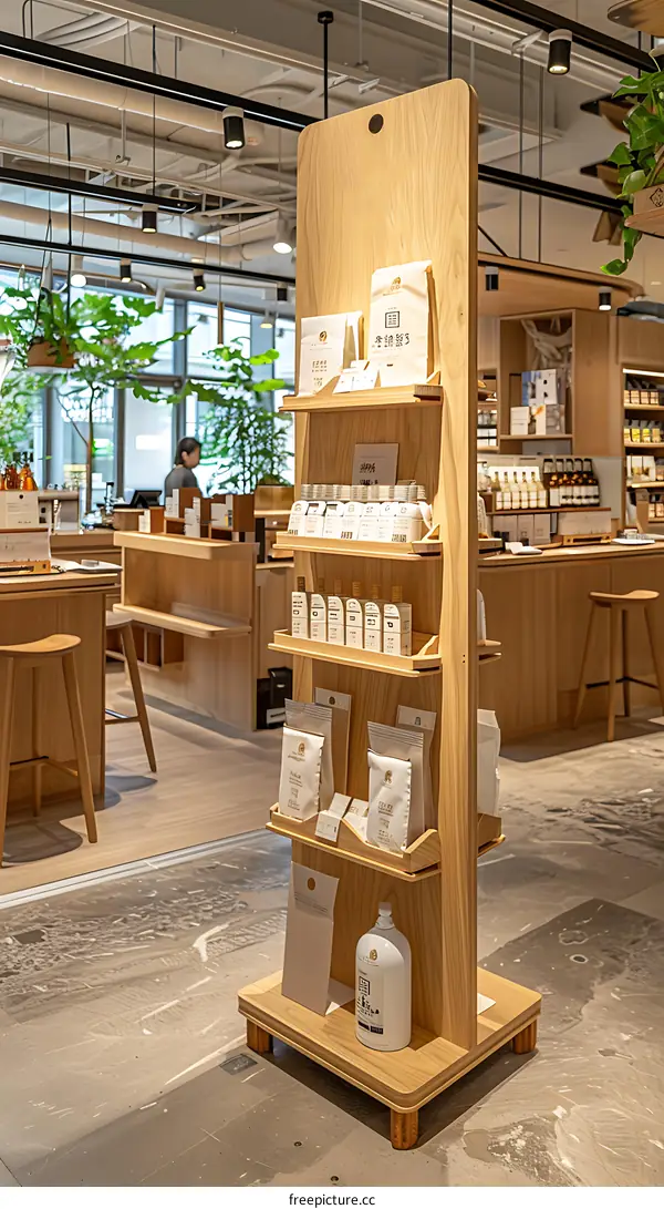 Wooden Display Shelf with Products in a Store