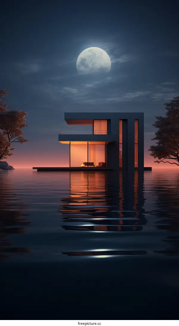A modern house floating on a calm lake with a full moon in the background
