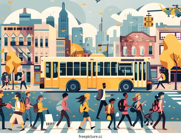 City Street Scene with People Crossing the Street