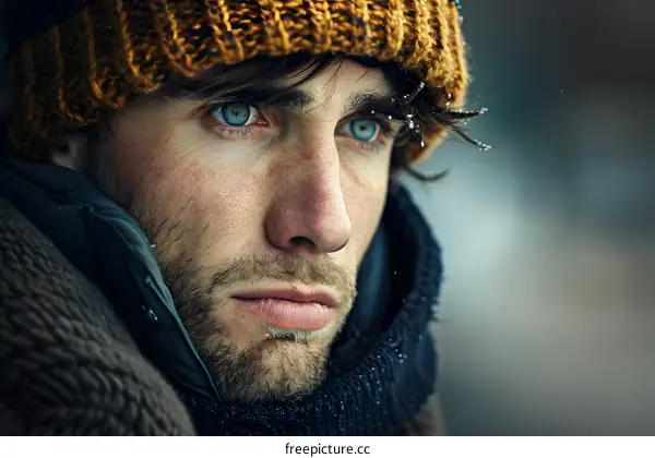 Portrait of a man with blue eyes wearing a brown beanie