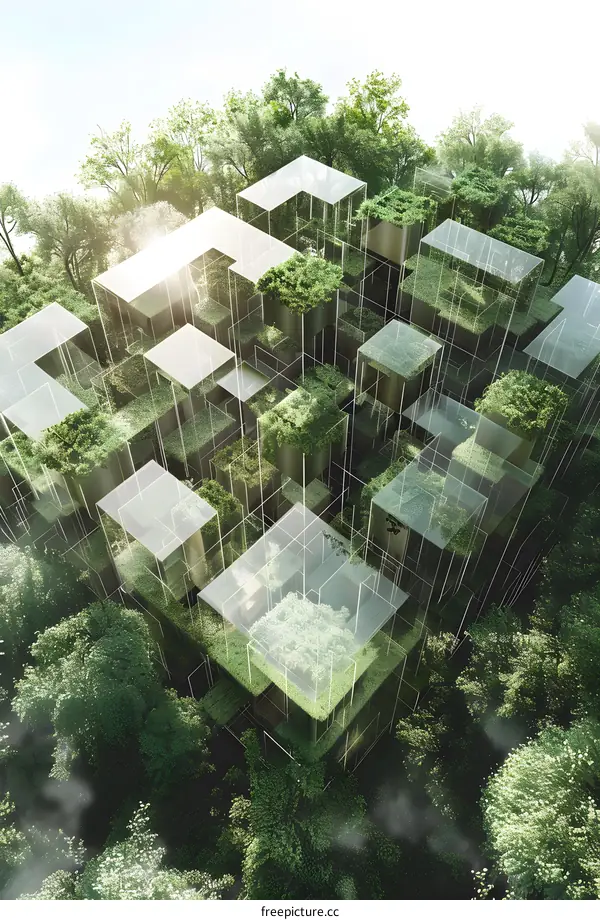Abstract Concept Of Futuristic Glass Houses In Forest