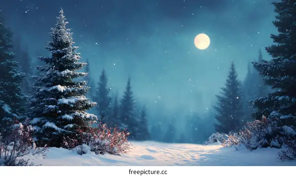 Winter Snowy Forest at Night with Full Moon