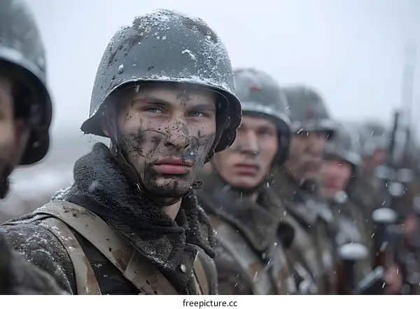 A soldier in a war movie is covered in mud and snow.
