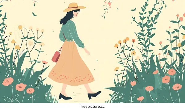 Woman Walking Through Field Of Flowers Illustration