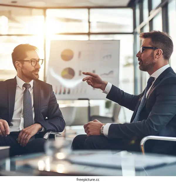 Two businessmen discussing a project in an office