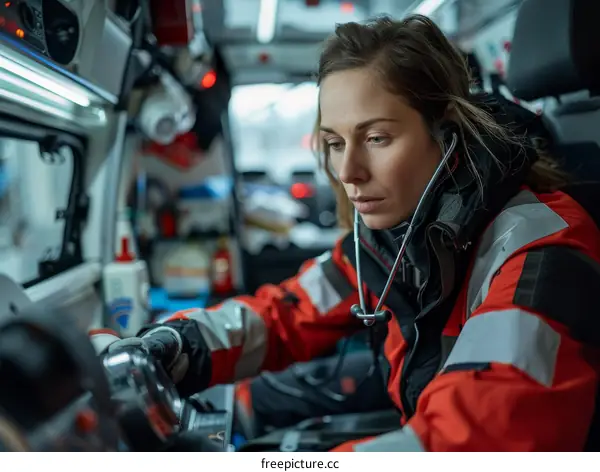 Caucasian female paramedic checking medical equipment in ambulance