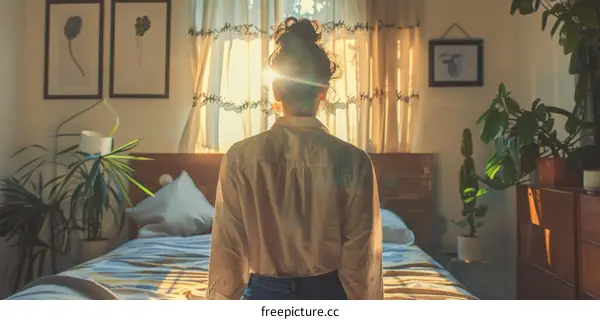 A woman sits on a bed and gazes out the window at the morning sun