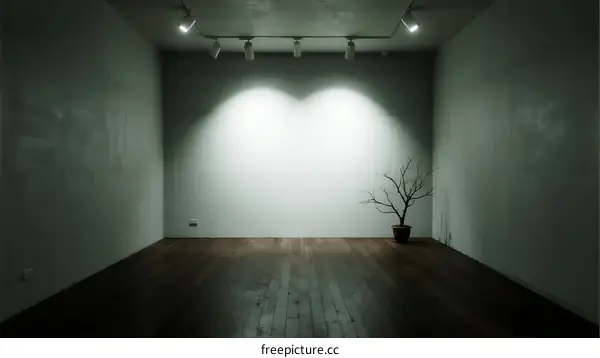 An empty room with spotlights and a bare tree inside