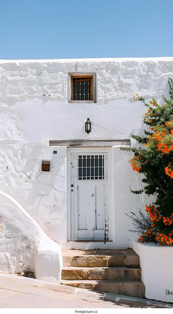 Whitewashed Greek Building With Door And Orange Flowers