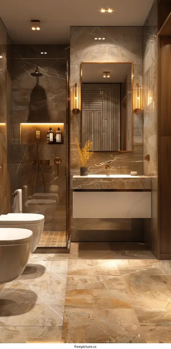 Modern bathroom interior with beige marble walls