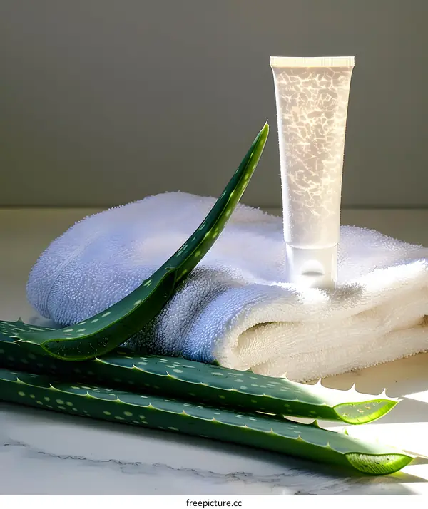 Aloe Vera Plant and Cream Tube on White Towel