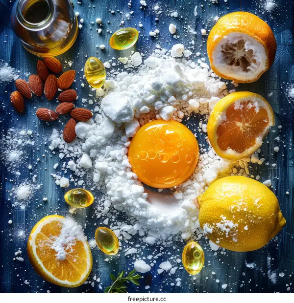 Still life with lemon, egg and almonds
