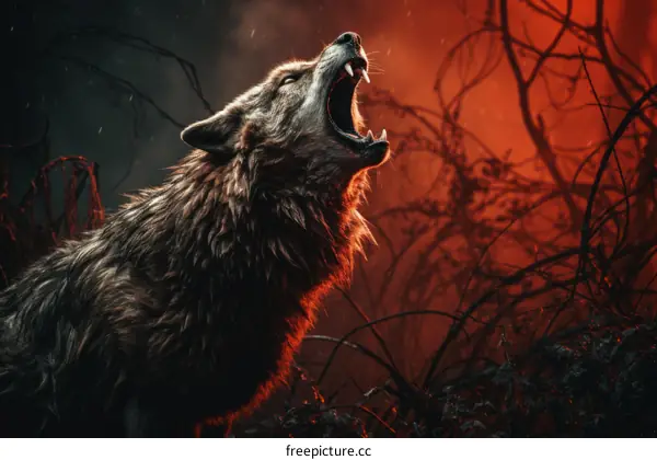 A wolf howls in the fiery forest