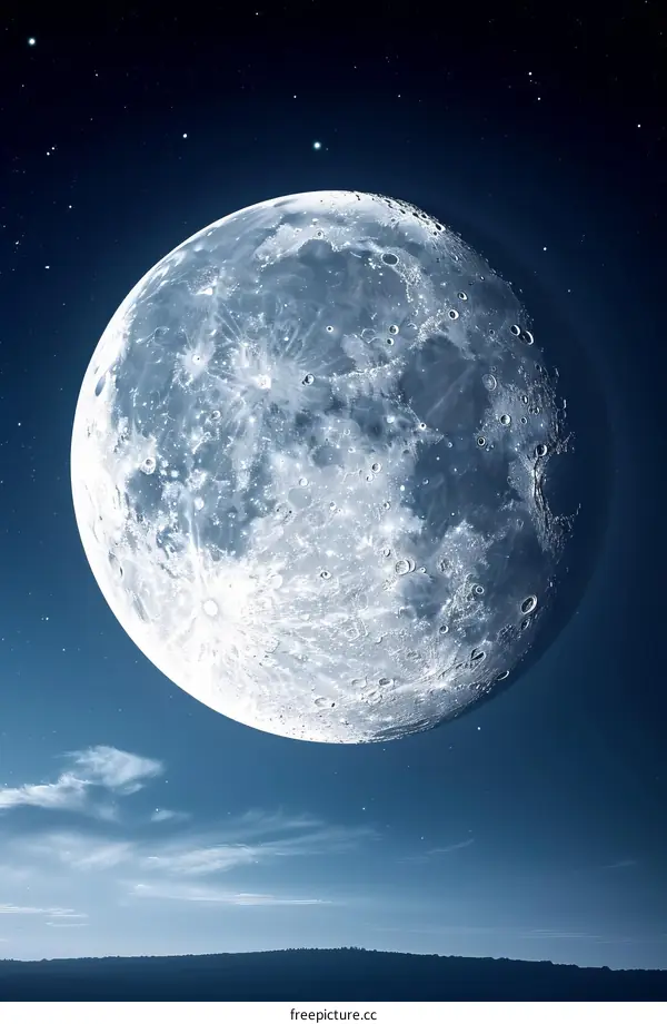 The full moon rises in the night sky