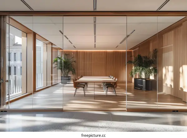 Large conference room with wooden table and chairs