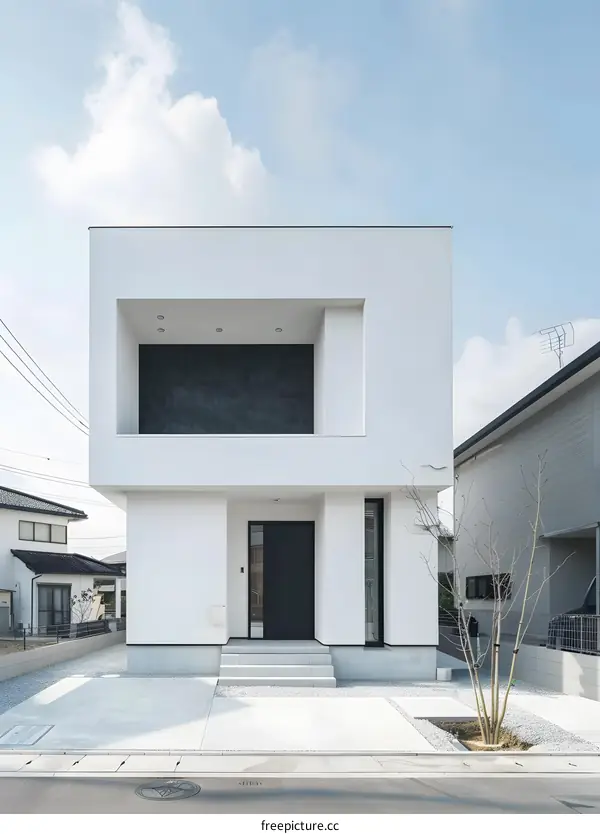 Modern White House with Black Door and Balcony