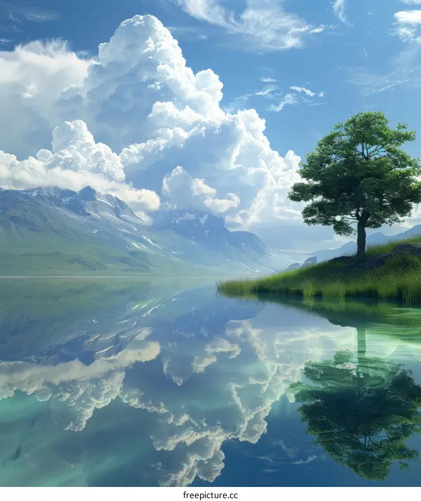 Serene Mountain Lake Scenery with Clouds Reflection