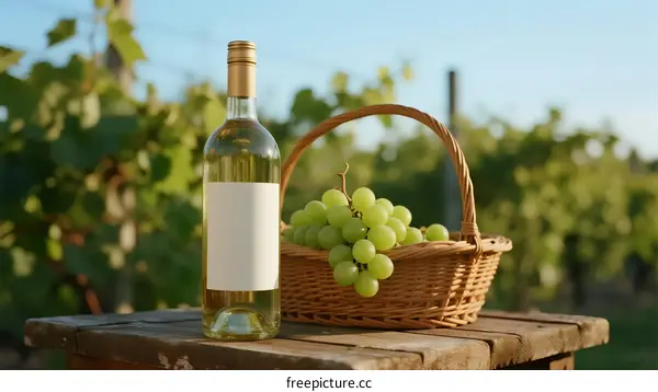 Wine bottle and fresh grapes basket on wooden table in vineyard