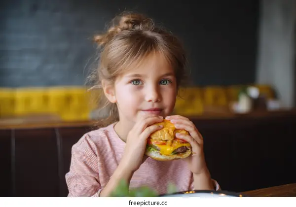 A Caucasian Girl Eating a Delicious Burger