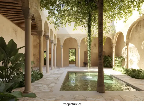 Tranquil Courtyard with Arched Columns and Pool