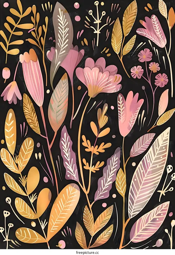 Abstract Floral Pattern with Pink and Gold Foliage on Black Background